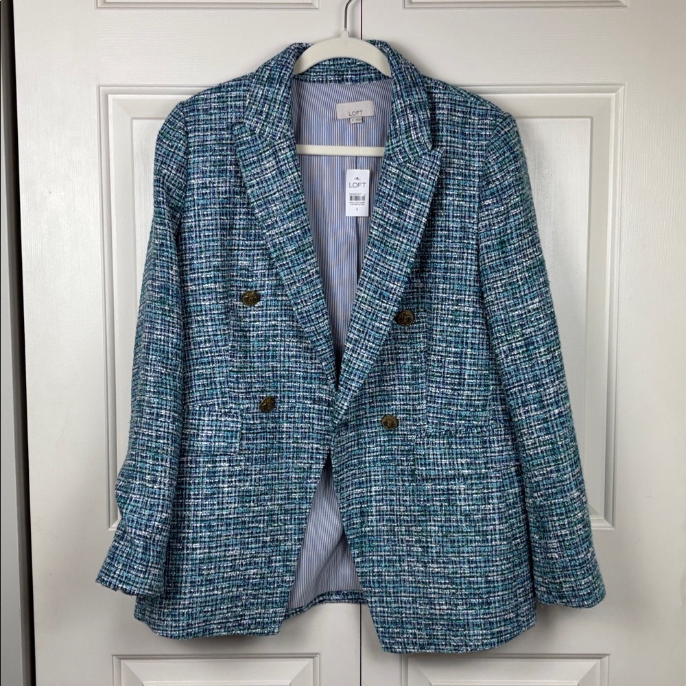 NWT LOFT Women's Teal and White Tweed Blazer with Gold Buttons - 8